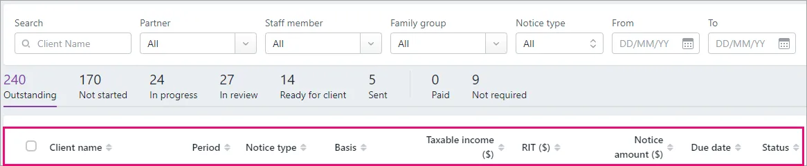 Column headers highlighted beneath the filters