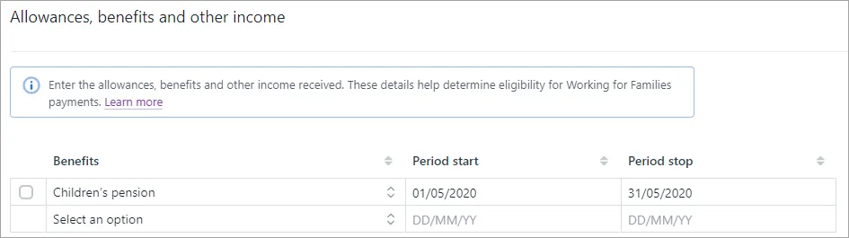 Benefits, Period start and Period stop table in the Allownaces, benefits and other income section 