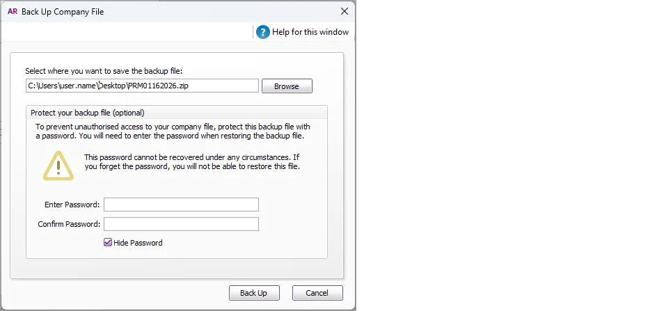 Example window for creating an offline backup