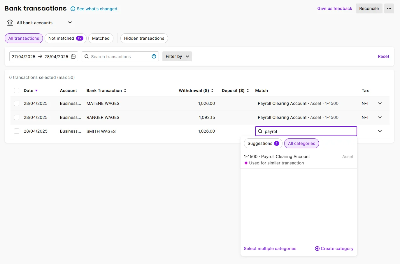 Match separate payments to payroll clearing account