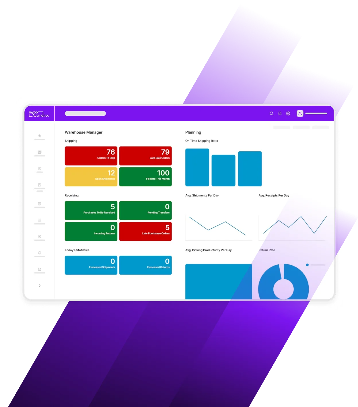 Warehouse Manager dashboard with colorful metrics for shipping, receiving, and planning on a purple-themed interface.