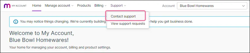 Support menu in My Account showing Contact support option