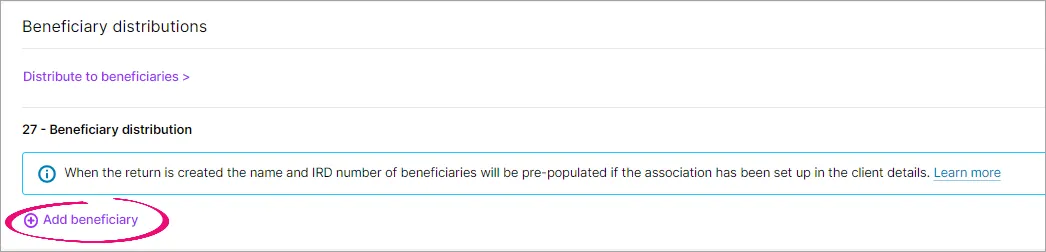 Add beneficiary option highlighted at the bottom of the Beneficiary distributions section