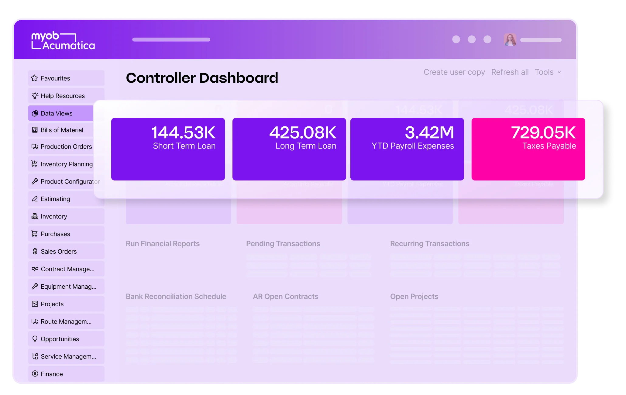 MYOB Acumatica Controller Dashboard showing financial metrics including loans, payroll expenses, and taxes payable with navigation menu.