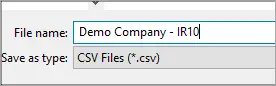 File name field showing Demo Company - IR10 and Save as type field showing CSV File (*.csv)