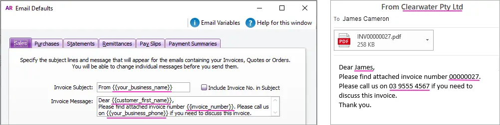 Example of email variables for invoices