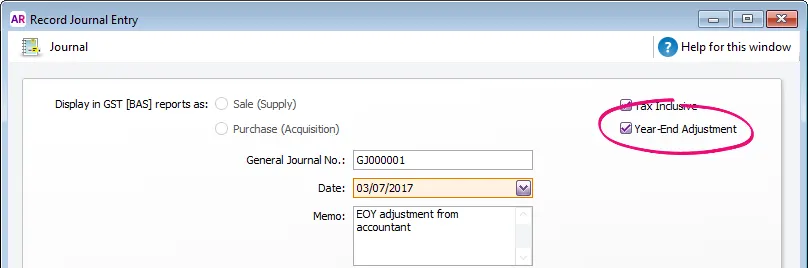 Journal window with year end adjustment option selected