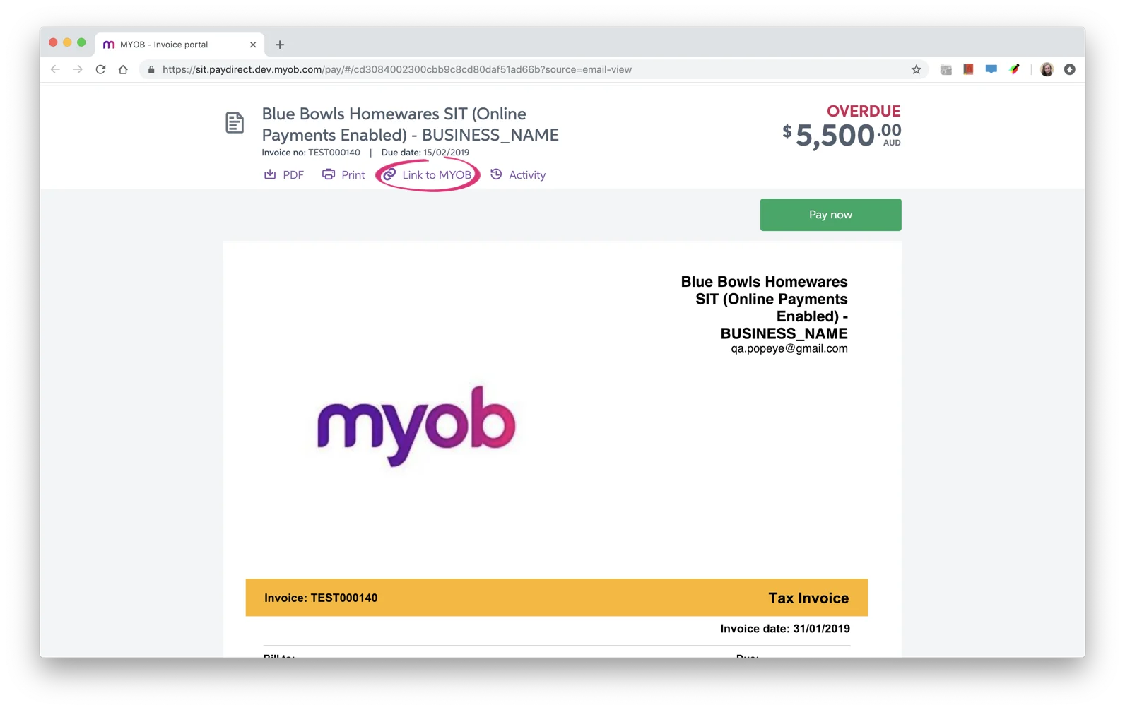 Link to MYOB button in an online invoice