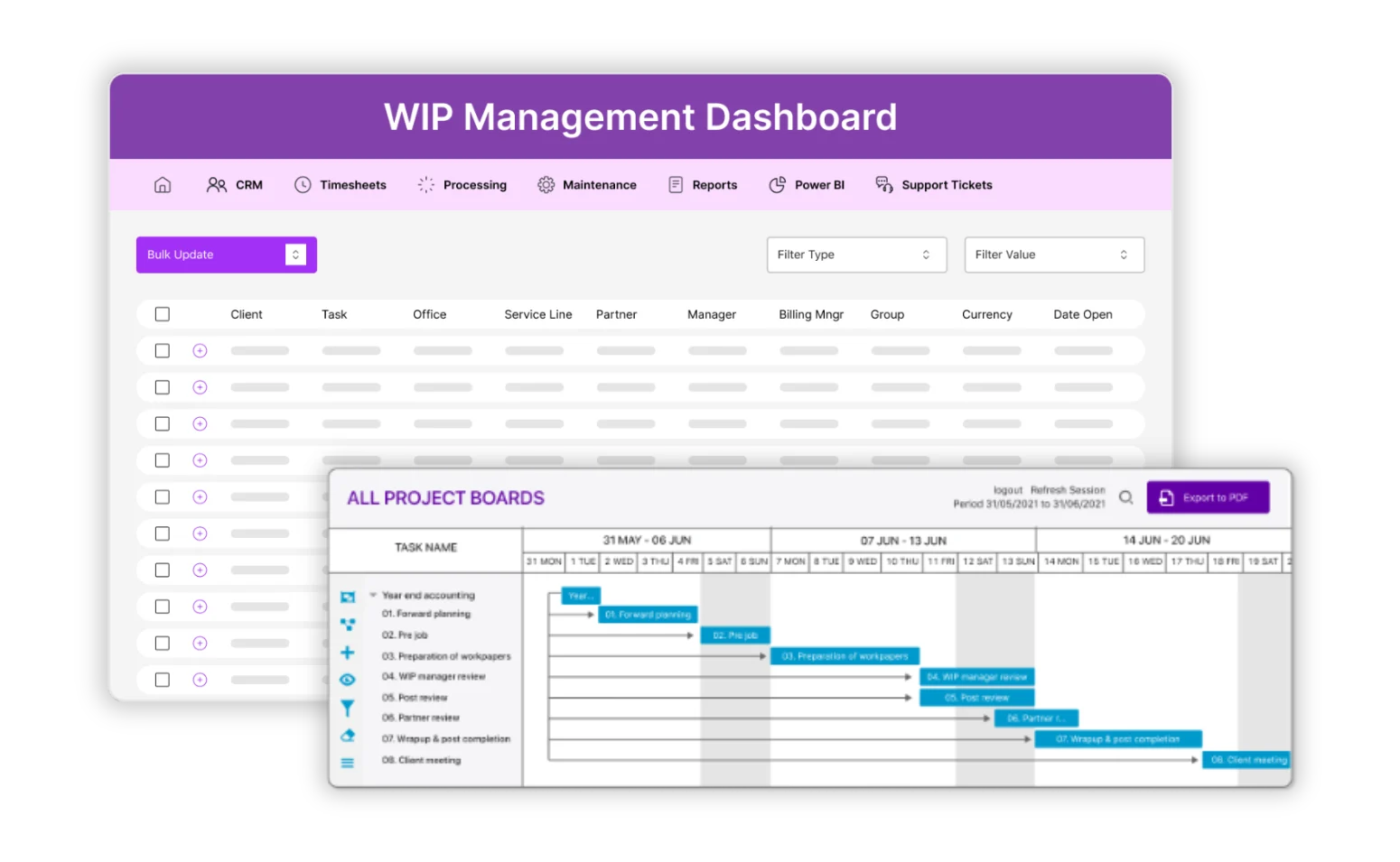 With the work-in-progress management dashboard, you can track project progress and timelines.