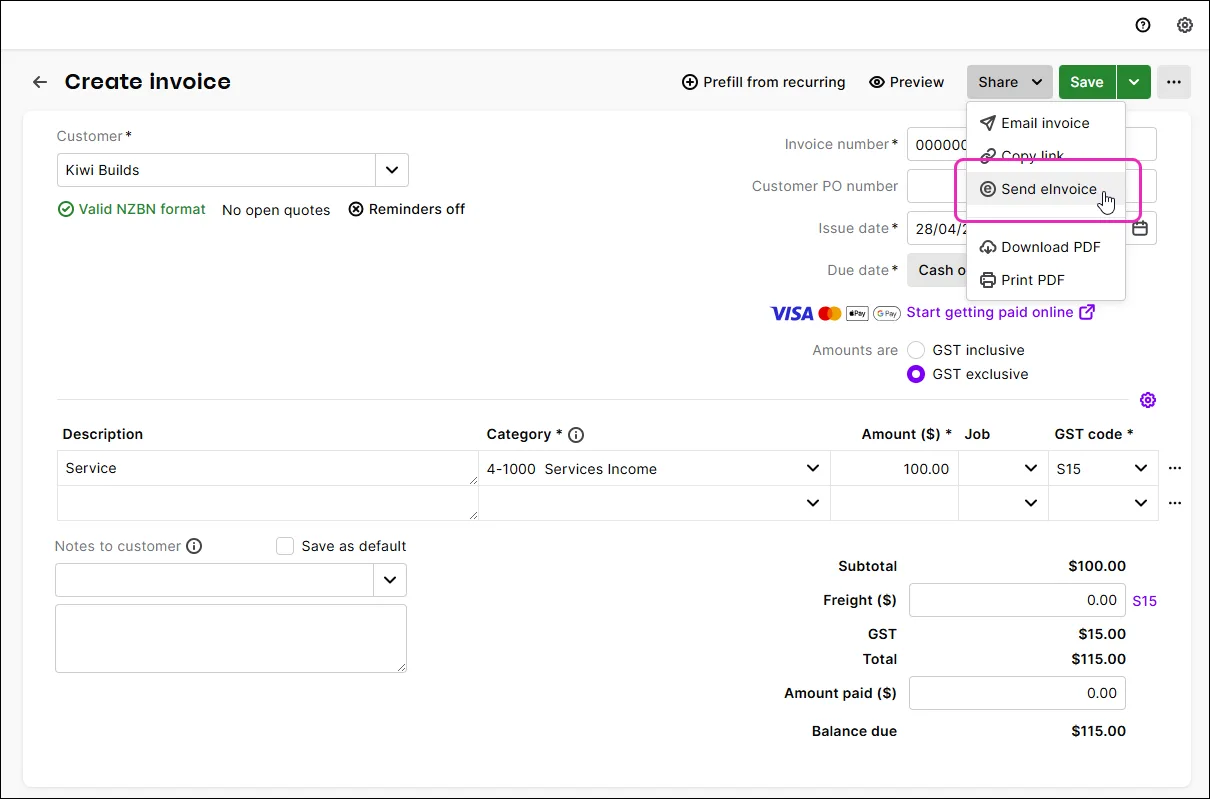 New invoice with send e-invoice option highlighted