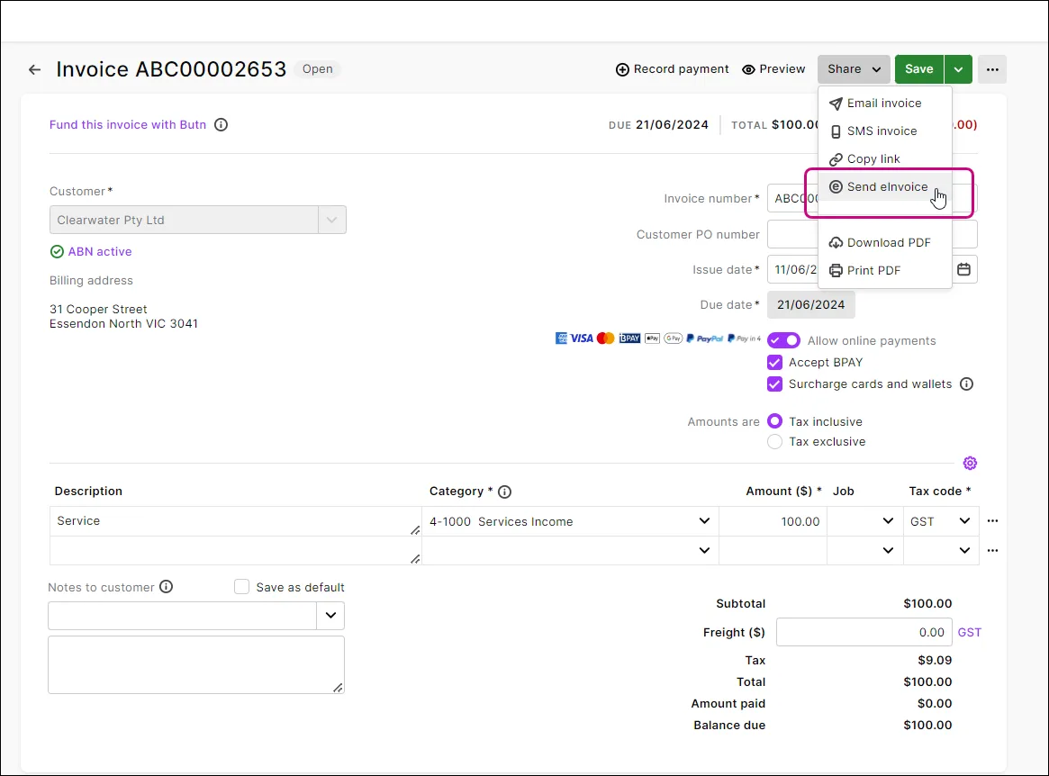 New invoice with send e-invoice option highlighted