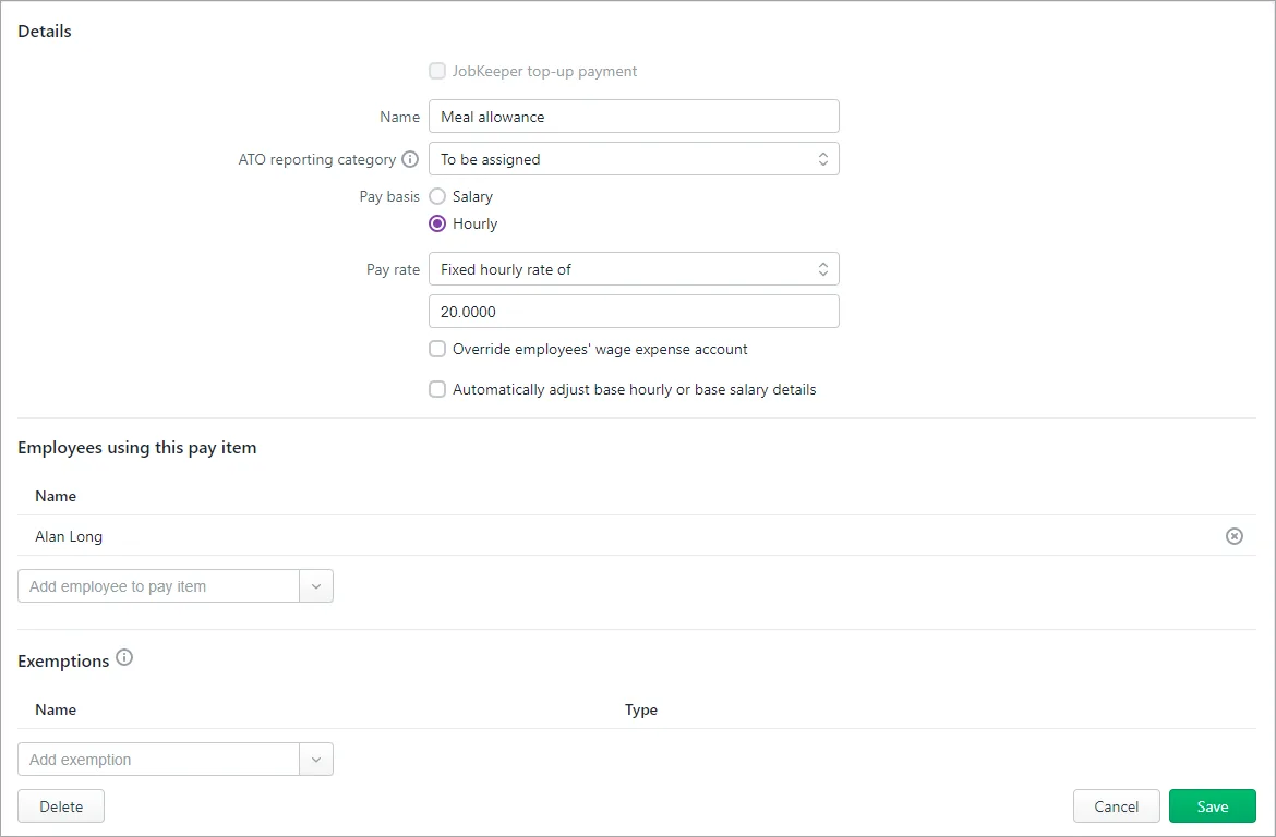 Example meal allowance setup