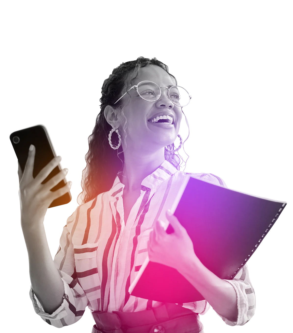 A woman holding clipboard and phone
