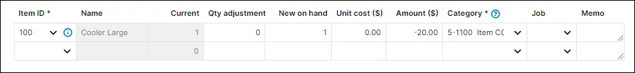 Adjust inventory example showing a negative value adjustment