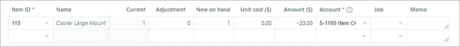 Adjust inventory example showing a negative value adjustment