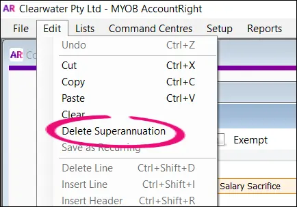 Edit menu clicked with delete superannuation highlighted