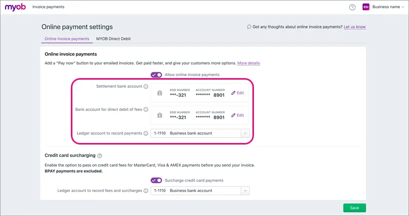 Online invoice payments portal with bank details highlighted