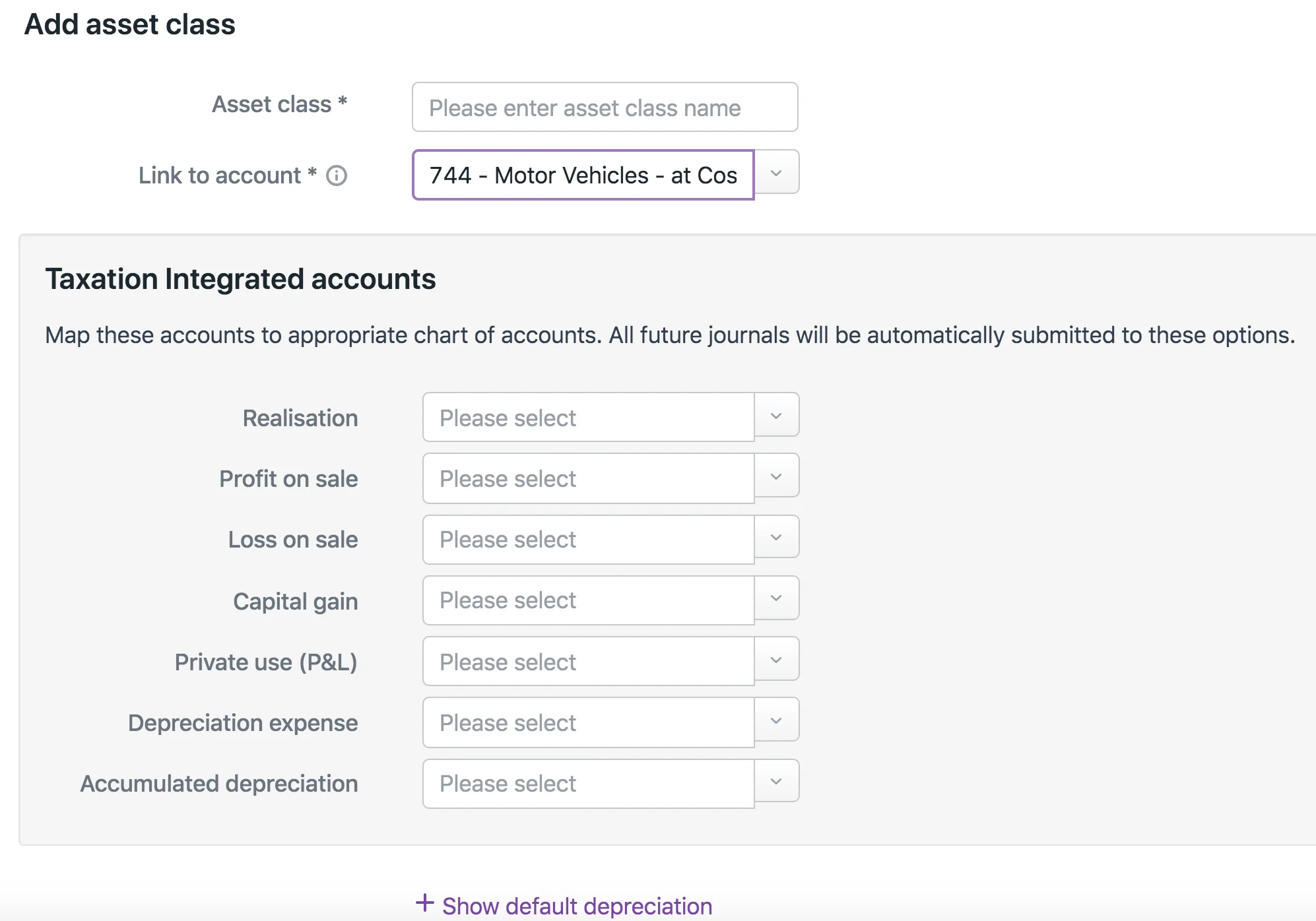 Add asset class section with the Link to account field containing an entry and the Taxation Integrated accounts fields displayed.