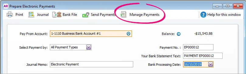 Manage Payments button highlighted