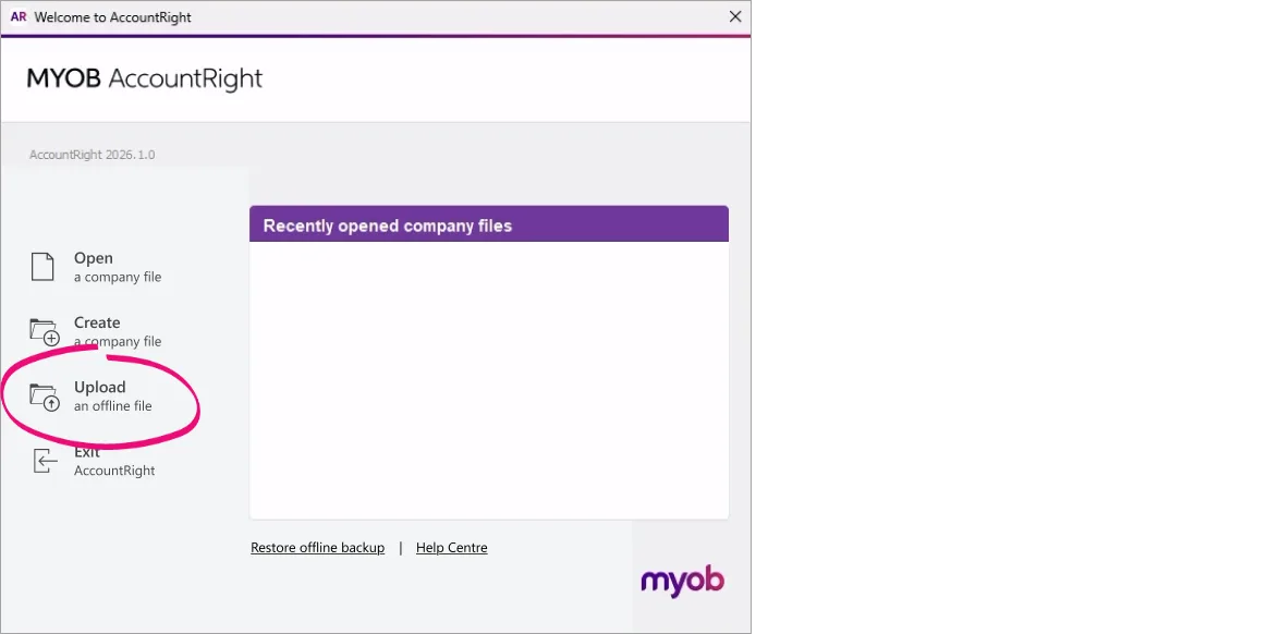Example AccountRight welcome window with upload file button highlighted