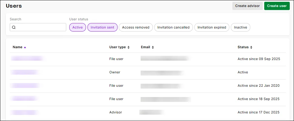 Manage users on the Users page