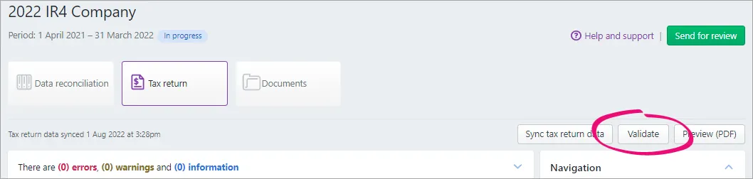 Validate button highlighted next to the Sync tax return data and Preview (PDF) buttons on the Tax return page