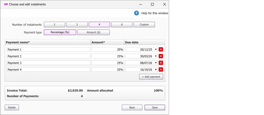 Example AccountRight instalment setup