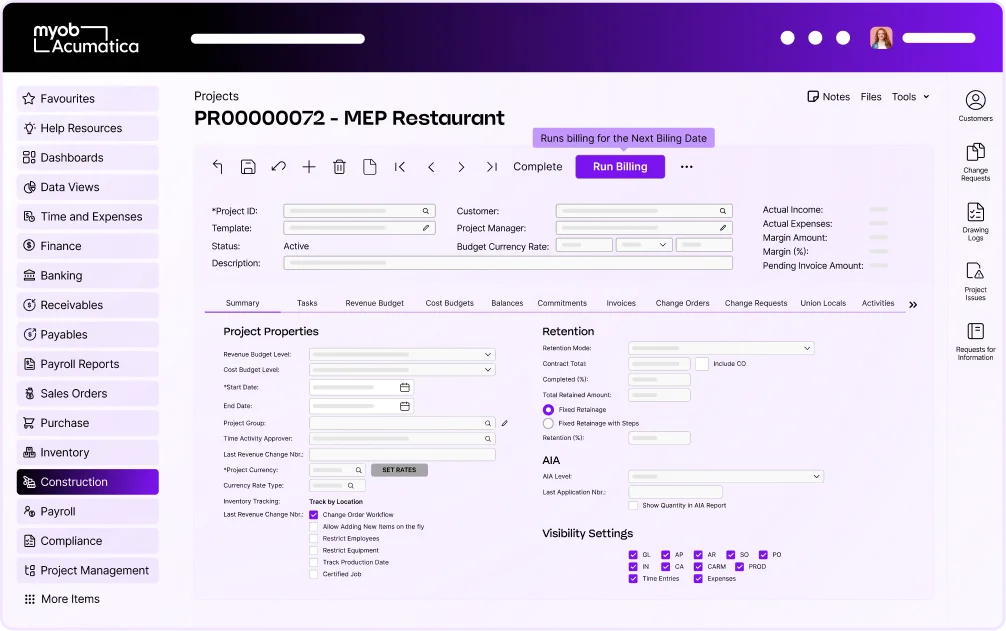 MYOB Acumatica project management interface showing details for MEP Restaurant project with billing options and settings.