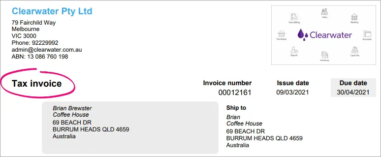 Example invoice with tax invoice highlighted