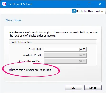 Credit hold option highlighted
