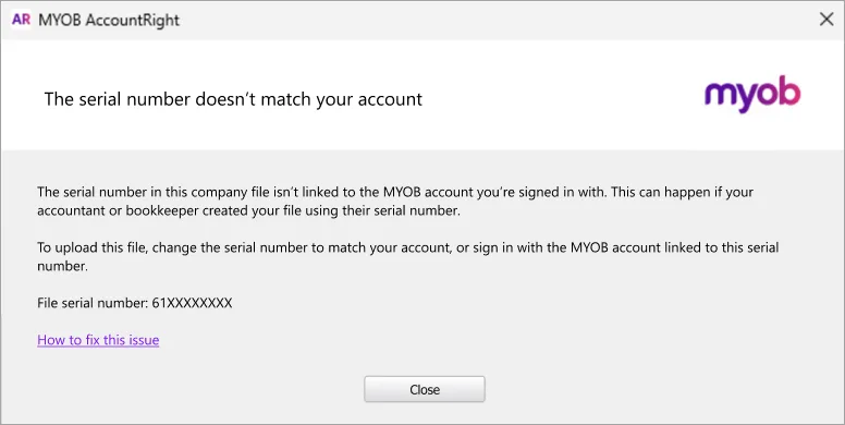 Example message if the serial number doesn't match your account