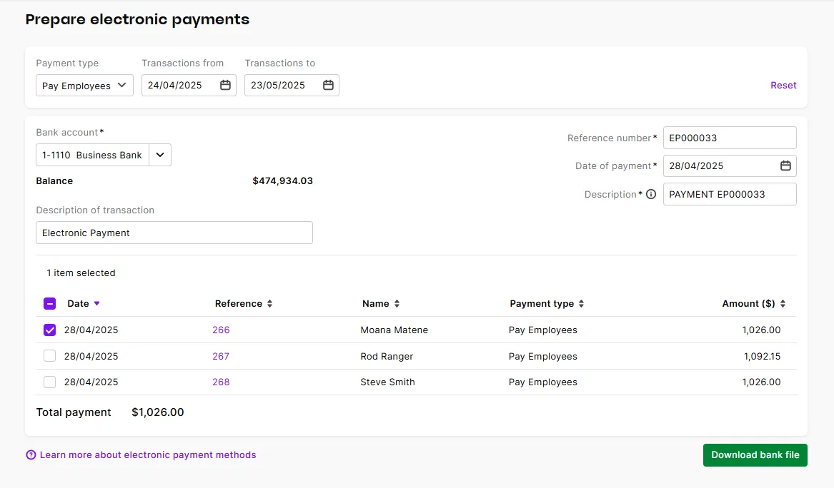 Select only one of the payroll payments to download the bank file for