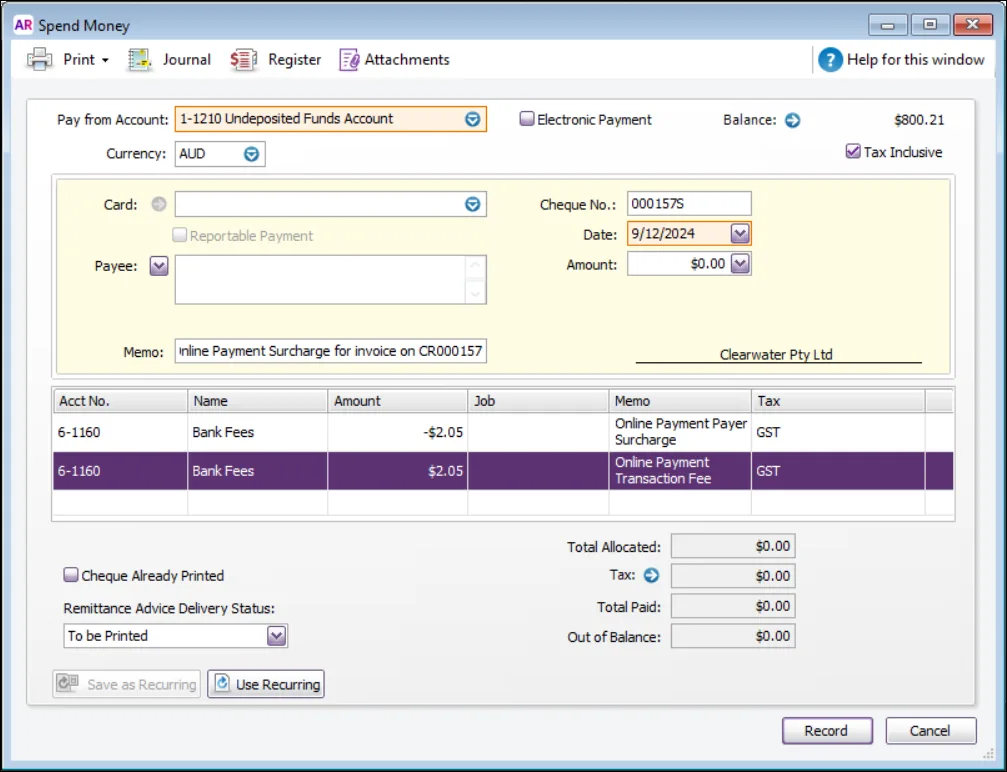 Example receive money transaction with two lines for fees