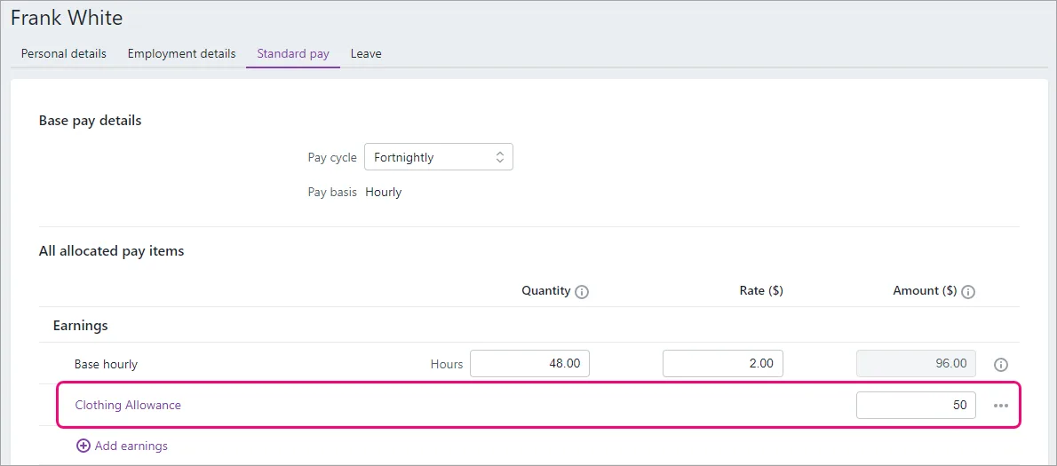 Example employee standard pay with clothing allowance earning highlighted