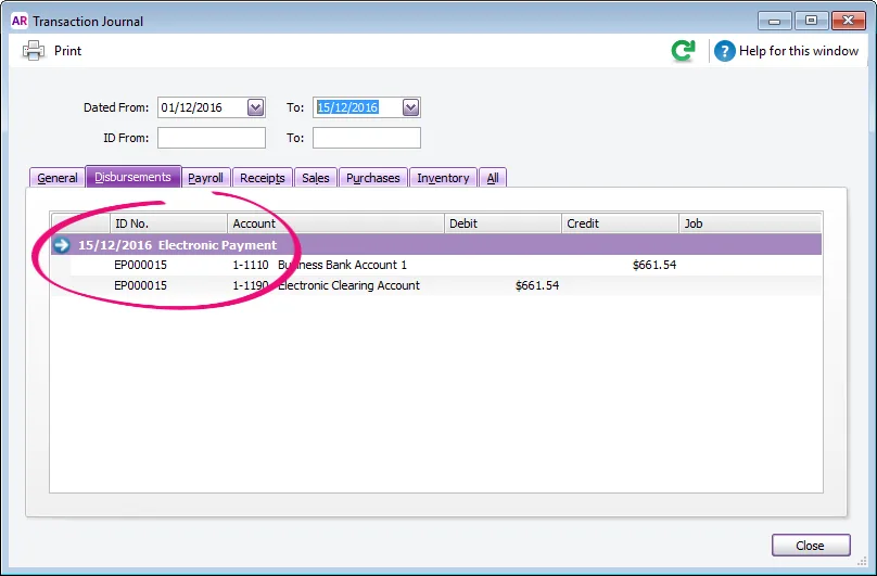 Example transaction highlighted