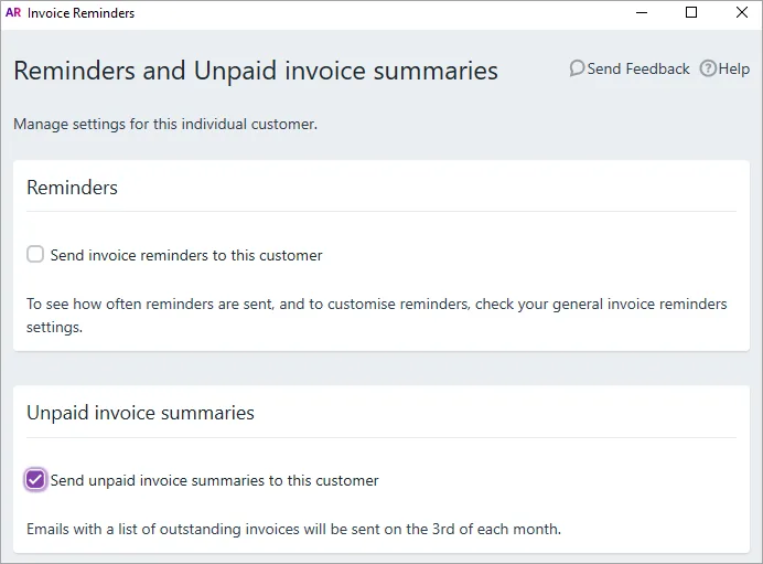 AccountRight unpaid invoices reminders option in a customer card