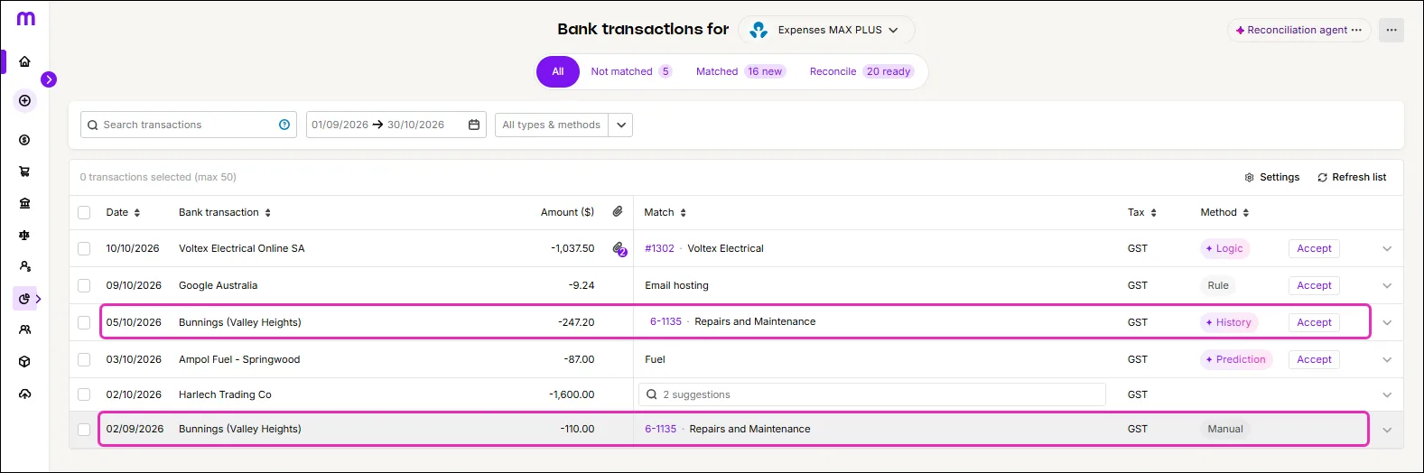 Category suggestion based on history