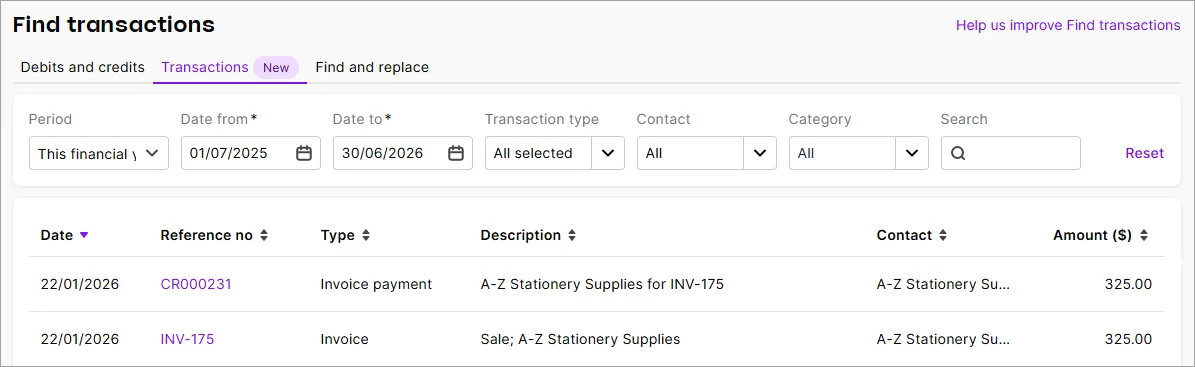 Example Find transactions screen