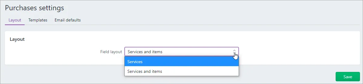 Layout tab on the purchases settings page