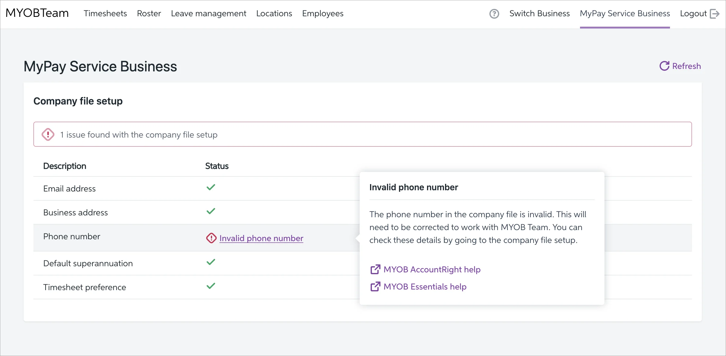 MYOB Team company file setup warning