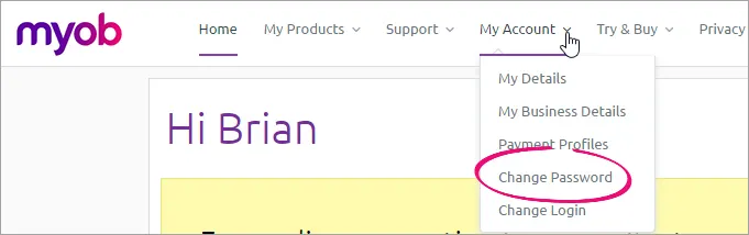 My account menu clicked with change password option highlighted