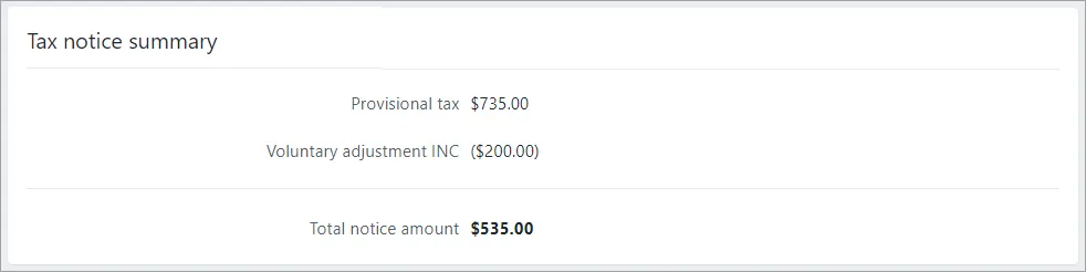 Tax notice summary section with the Voluntary adjustment INC field showing ($200)