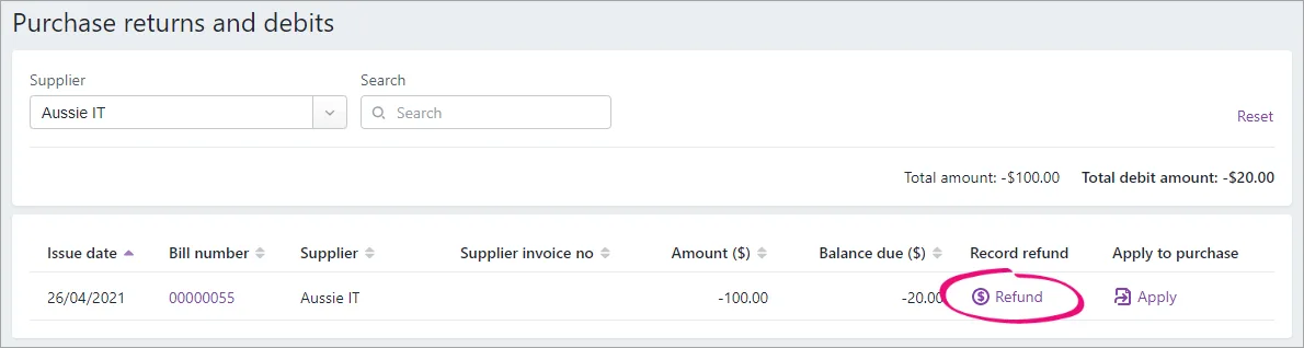 Debit note with refund link highlighted