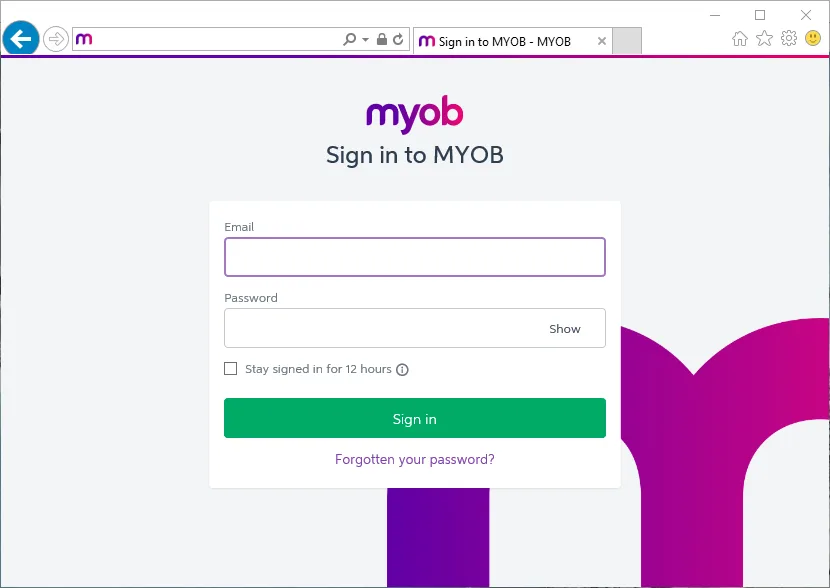 MYOB account sign in window