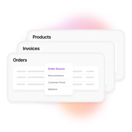 A render of products, invoices and orders pages in MYOB CRM, with the "Order Source" menu in focus.