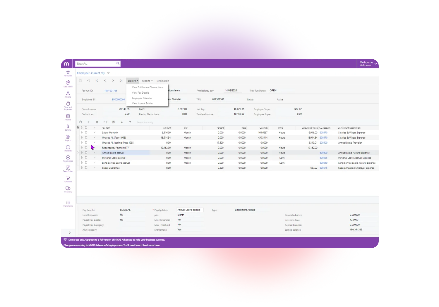 MYOB Acumatica Payroll dashboard, showing an overview of an individual employee's pay items.