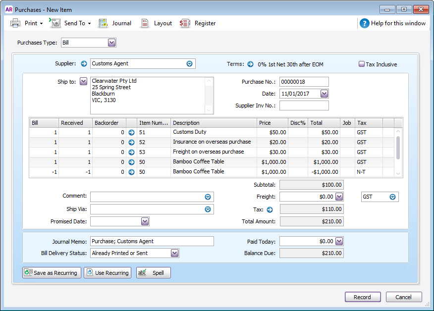 Recording overseas purchases and import costs