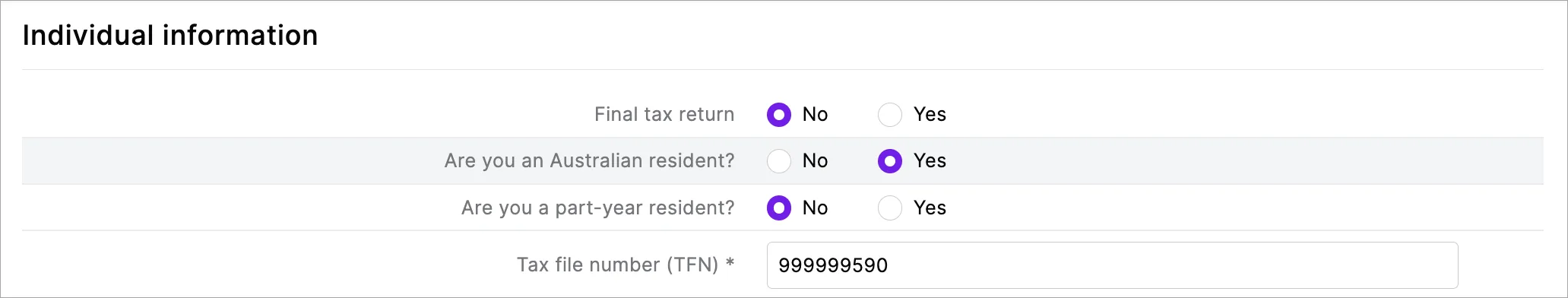 Example of field separators, grey field highlights and new spacing between No and Yes