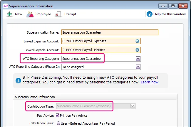 Example super payroll category with contribution type and reporting category fields highlighted