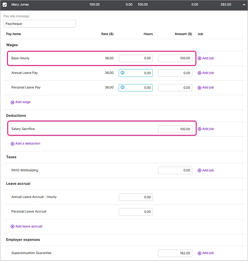Example pay with positive amounts highlighted in both base hourly and salary sacrifice pay items